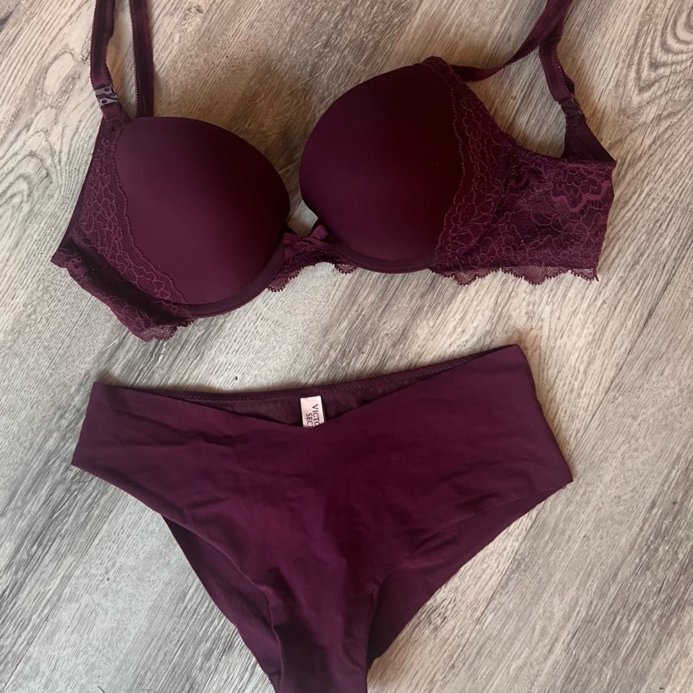 Victoria's Secret Deep Purple bra, and cheeky panty set.
